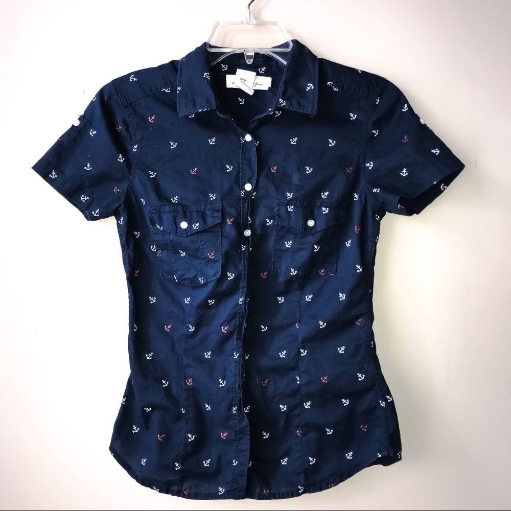 H&M Navy Blue Short Sleeve Button-Down Shirt with Anchor Print